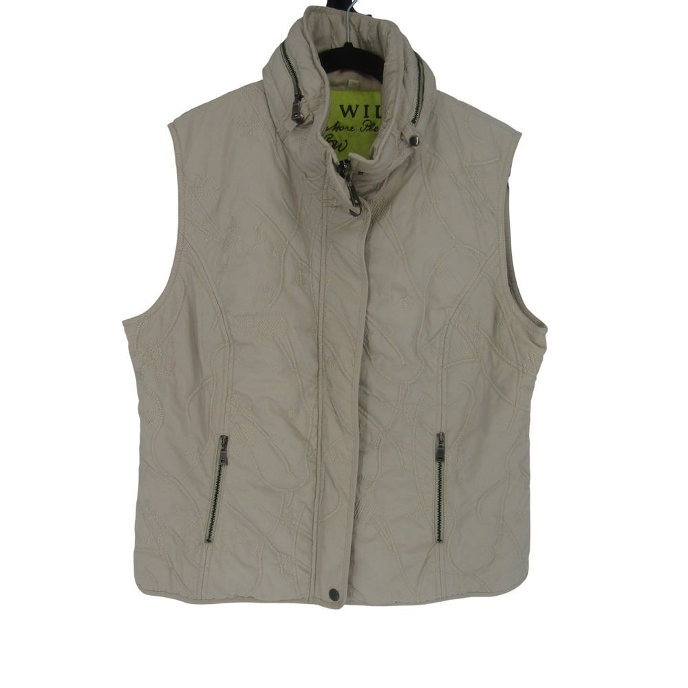 Blue Willi's Quilted Vest Womens XL Beige Embroidered Full Zip Funnel Neck Hood